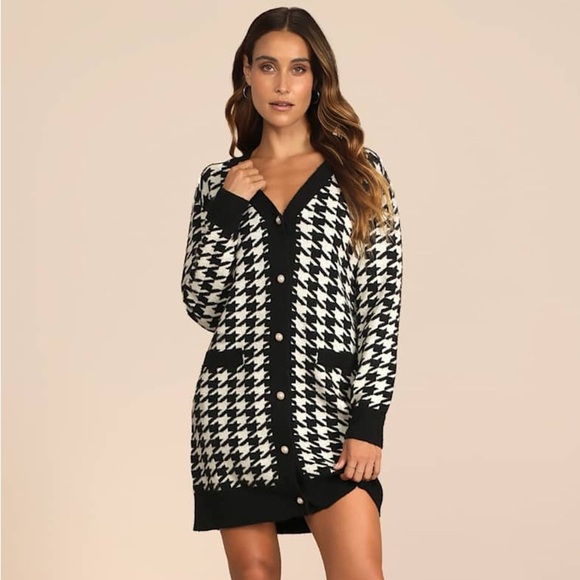 Lulus Truly Iconic Black and White Houndstooth Cardigan Sweater Dress - Picture 1 of 7